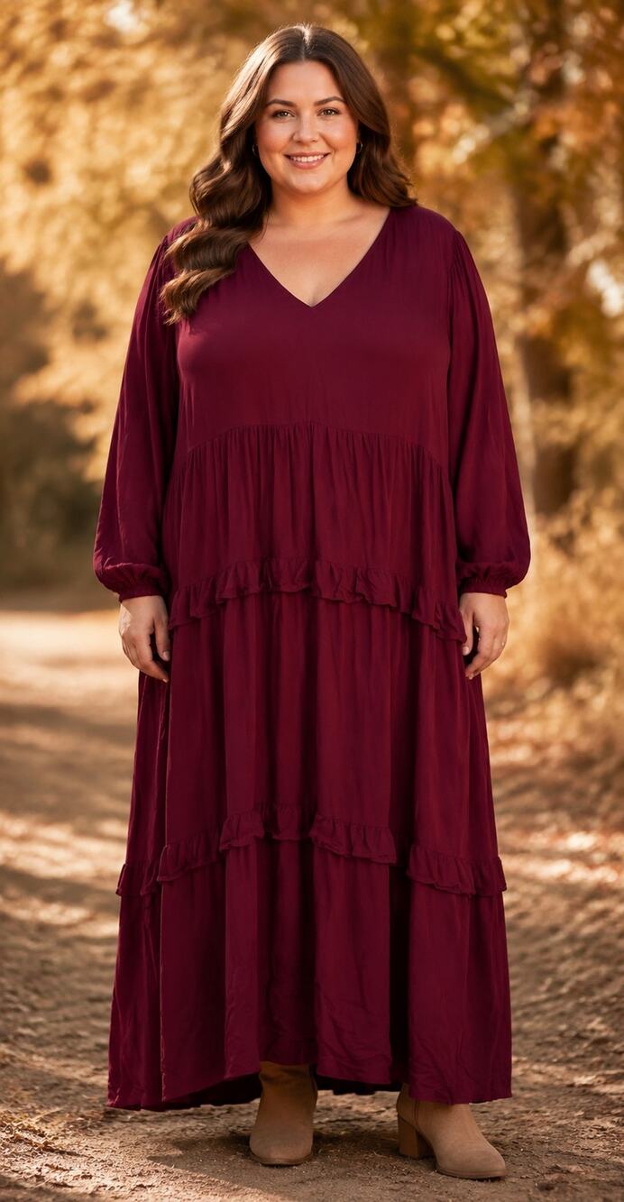 Rusttydustty V-Neck Tiered Balloon Sleeve Dress Burgundy Boho Peasant Renfair